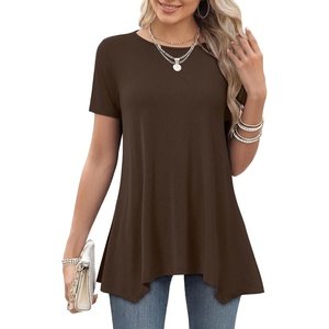 image:imageLYANER Womens Short Sleeve Blouse Crewneck Casual Asymmetrical Irregular Hem Tunic TopsDark Brown