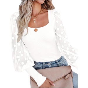 image:imageLYANER Womens Square Neck Blouse Sheer Mesh Lantern Sleeve Polka Dot Knit Business Casual Tops ShirtsPure White
