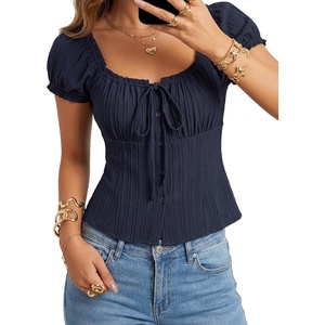 image:imageLYANER Womens Square Neck Drawstring Tie Button Down Short Sleeve Cute Blouse Top ShirtsNavy Blue