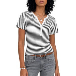 image:imageLYANER Womens Striped Henley V Neck Short Sleeve Dressy Casual Blouse Top ShirtsWhite