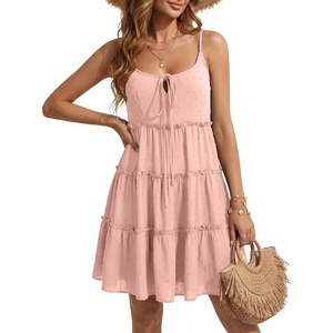 image:imageLYANER Womens Swiss Dot Spaghetti Strap Tie Smocked Tiered Flowy Beach Vacation Mini SundressLight Pink