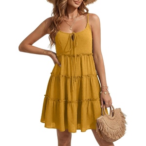 image:imageLYANER Womens Swiss Dot Spaghetti Strap Tie Smocked Tiered Flowy Beach Vacation Mini SundressYellow