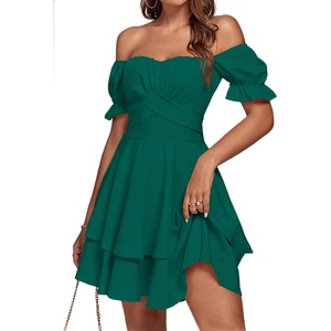 image:imageLYANER Womens Tie Back Off Shoulder Wrap Layer Ruffle A Line Short Sleeve Casual Mini DressPure Deep Green