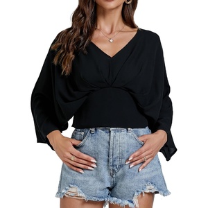 image:imageLYANER Womens V Neck Ruhed Tie Knot Back 34 Sleeve Elegant Crop Top Blouse ShirtBlack