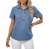 image:imageLYANER Womens Button Collar Short Sleeve Casual Denim Shirt  Collared Neck Button Down Puff Sleeve Ruched Business Dressy Jean Blouse TopBlue
