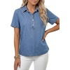 image:imageLYANER Womens Button Collar Short Sleeve Casual Denim Shirt  Collared Neck Button Down Puff Sleeve Ruched Business Dressy Jean Blouse TopBlue