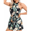 image:imageLYANER Womens Floral Print Halter Neck Tie Back Belt Sleeveless Romper Short JumpsuitGreen