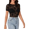 image:imageLYANER Womens Lace Top Cute Short Sleeve Fitted Mesh Sheer T Shirt Going Out Tee TopsPure Black