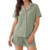 image:imageLYANER Womens Ribbed Knit Pajamas Sets Collared Button Top and Wide Leg ShortsLight Green