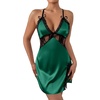 image:imageLYANER Womens Satin Lace V Neck Chemise Lingerie Split Slit Babydoll Nightgown Nightdress SleepwearDark Green