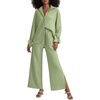 image:imageLYANER Womens 2 Piece Outfits Button Down Long Sleeve Shirt and Wide Leg Pants SetBean Green