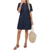 image:imageLYANER Womens Button Up Short Sleeve Casual Denim Dress  Stand Collar Half Button Placket Shift Jean Utility Frock Outfits with Flap PocketsDark Blue