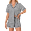 image:imageLYANER Womens Pajama Sets Striped Button Down Pj Set Sleepwear Shirt and Shorts Two Piece Lounge SetsBlack