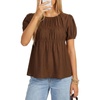 image:imageLYANER Womens Ruched Round Neck Puff Short Sleeve Keyhole Loose Fit Casual Babydoll TopsBrown