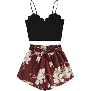 image:imageLYANER Womens 2 Piece Summer Outfits Cami Crop Top and Tropical Floral Shorts SetWine Red