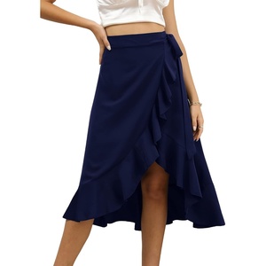 image:imageLYANER Womens Boho Floral Print Wrap Front Self Tie Knot Ruffle Hem Split Midi SkirtSolid Navy