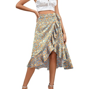 image:imageLYANER Womens Boho Floral Print Wrap Front Self Tie Knot Ruffle Hem Split Midi SkirtZipper Multicolored
