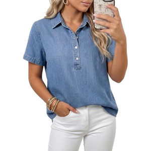 image:imageLYANER Womens Button Collar Short Sleeve Casual Denim Shirt  Collared Neck Button Down Puff Sleeve Ruched Business Dressy Jean Blouse TopBlue
