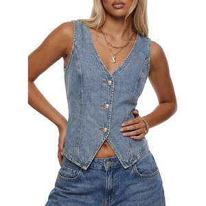 image:imageLYANER Womens Button Down V Neck Y2k Denim Cropped Tank Tops  Summer Sleeveless Asymmetric Hem Casual Vintage Crop Jean Vest OuterwearBlue