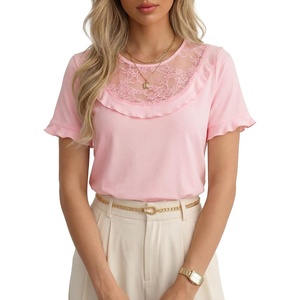 image:imageLYANER Womens Lace Trim Round Neck Ruffle Short Sleeve Cute Elegant TShirtsLight Pink