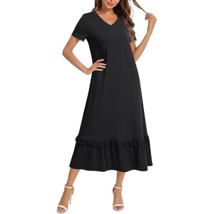 image:imageLYANER Womens Nightgown V Neck Lace Trim Short Sleeve Layer Casual Midi NightdressBlack