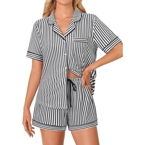 image:imageLYANER Womens Pajama Sets Striped Button Down Pj Set Sleepwear Shirt and Shorts Two Piece Lounge SetsBlack