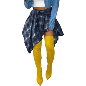 image:imageLYANER Womens Plaid Tie Front High Waist Pleated ALine Mini Short Skater SkirtDark Blue