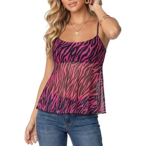 image:imageLYANER Womens Print Sheer Mesh Spaghetti Straps Sleeveless Ruffle Y2k Babydoll Cami TopsRose