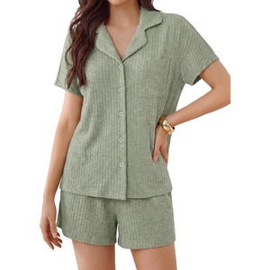 image:imageLYANER Womens Ribbed Knit Pajamas Sets Collared Button Top and Wide Leg ShortsLight Green