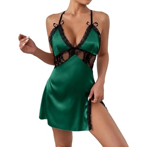 image:imageLYANER Womens Satin Lace V Neck Chemise Lingerie Split Slit Babydoll Nightgown Nightdress SleepwearDark Green
