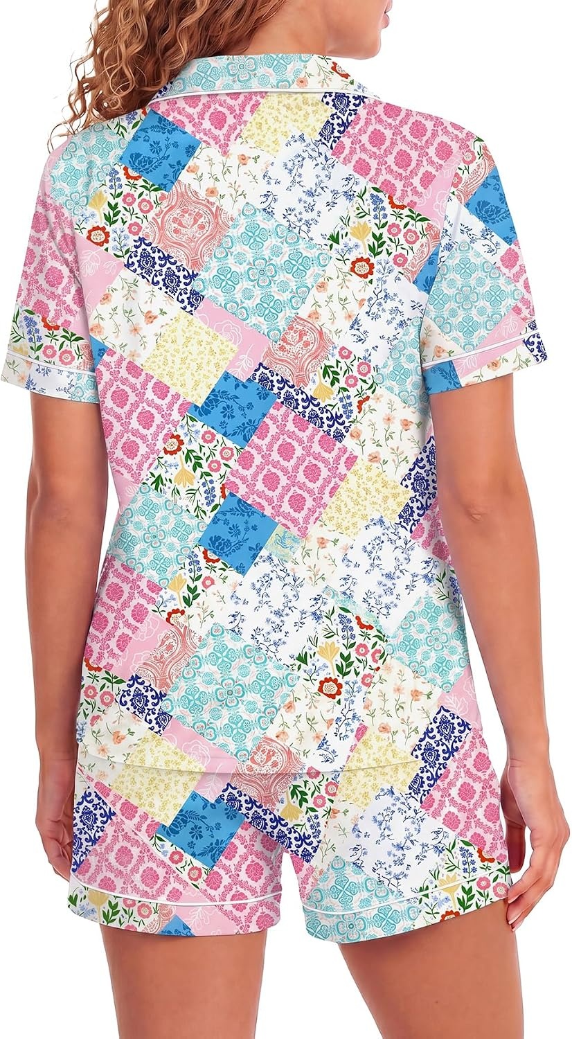 image:imageLYANER Womens Heart Print Pajamas Sets  Button Short Sleeve Shirt With Elastic High Waisted Shorts Sleepwear Pjs Lounge SetFloral Multicolored