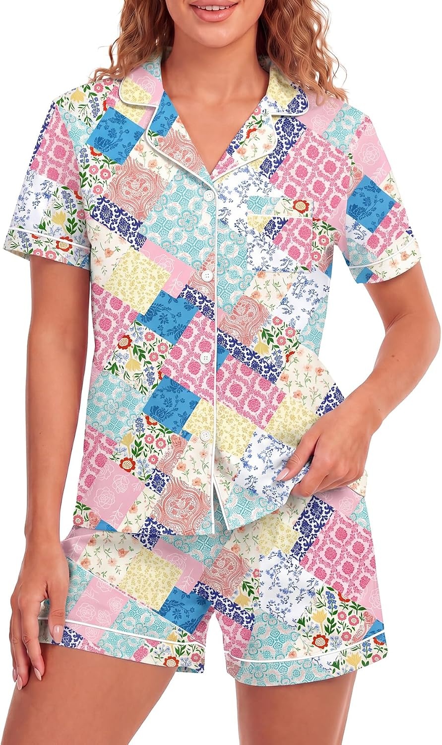 image:imageLYANER Womens Heart Print Pajamas Sets  Button Short Sleeve Shirt With Elastic High Waisted Shorts Sleepwear Pjs Lounge SetFloral Multicolored