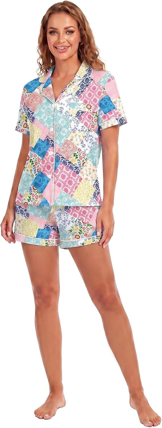 image:imageLYANER Womens Heart Print Pajamas Sets  Button Short Sleeve Shirt With Elastic High Waisted Shorts Sleepwear Pjs Lounge SetFloral Multicolored