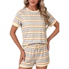 image:imageLYANER Womens 2 Piece Cute Lounge Set  Striped Crew neck Short Sleeve Tops and Shorts Soft Sleepwear Pajama Sets for WomenBeige