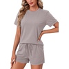 image:imageLYANER Womens 2 Piece Cute Lounge Set  Striped Crew neck Short Sleeve Tops and Shorts Soft Sleepwear Pajama Sets for WomenGray
