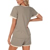 image:imageLYANER Womens 2 Piece Cute Lounge Set  Striped Crew neck Short Sleeve Tops and Shorts Soft Sleepwear Pajama Sets for WomenKhaki