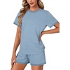 image:imageLYANER Womens 2 Piece Cute Lounge Set  Striped Crew neck Short Sleeve Tops and Shorts Soft Sleepwear Pajama Sets for WomenSky Blue