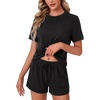 image:imageLYANER Womens 2 Piece Cute Lounge Set  Striped Crew neck Short Sleeve Tops and Shorts Soft Sleepwear Pajama Sets for WomenSolid Black