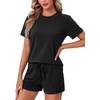 image:imageLYANER Womens 2 Piece Cute Lounge Set  Striped Crew neck Short Sleeve Tops and Shorts Soft Sleepwear Pajama Sets for WomenSolid Black
