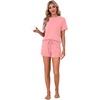 image:imageLYANER Womens 2 Piece Cute Lounge Set  Striped Crew neck Short Sleeve Tops and Shorts Soft Sleepwear Pajama Sets for WomenSolid Pink