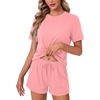 image:imageLYANER Womens 2 Piece Cute Lounge Set  Striped Crew neck Short Sleeve Tops and Shorts Soft Sleepwear Pajama Sets for WomenSolid Pink