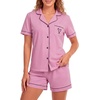image:imageLYANER Womens Heart Print Pajamas Sets  Button Short Sleeve Shirt With Elastic High Waisted Shorts Sleepwear Pjs Lounge SetBegonia Pink