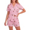 image:imageLYANER Womens Heart Print Pajamas Sets  Button Short Sleeve Shirt With Elastic High Waisted Shorts Sleepwear Pjs Lounge SetCherry Pink