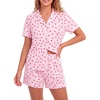 image:imageLYANER Womens Heart Print Pajamas Sets  Button Short Sleeve Shirt With Elastic High Waisted Shorts Sleepwear Pjs Lounge SetHeart Pink