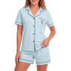 image:imageLYANER Womens Heart Print Pajamas Sets  Button Short Sleeve Shirt With Elastic High Waisted Shorts Sleepwear Pjs Lounge SetLight Blue