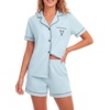 image:imageLYANER Womens Heart Print Pajamas Sets  Button Short Sleeve Shirt With Elastic High Waisted Shorts Sleepwear Pjs Lounge SetLight Blue