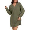 image:imageLYANER Womens Lace Trim V Neck Long Sleeve Pleated Ribbed Knit Loose Sleepwear NightgownArmy Green