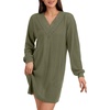image:imageLYANER Womens Lace Trim V Neck Long Sleeve Pleated Ribbed Knit Loose Sleepwear NightgownArmy Green