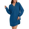 image:imageLYANER Womens Lace Trim V Neck Long Sleeve Pleated Ribbed Knit Loose Sleepwear NightgownBright Blue
