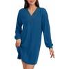 image:imageLYANER Womens Lace Trim V Neck Long Sleeve Pleated Ribbed Knit Loose Sleepwear NightgownBright Blue